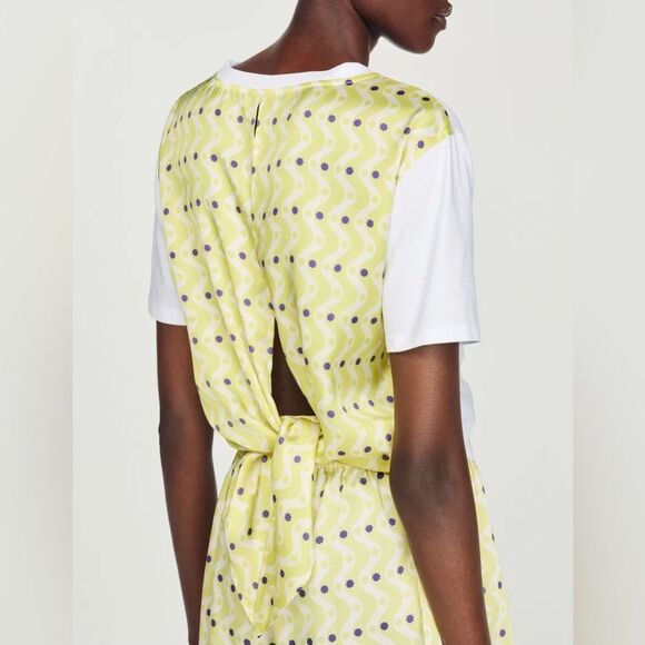 Sandro x Louis Barthelemy White/Yellow Printed Cotton Knit and Satin Dimi TOP - Picture 4 of 8